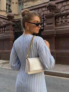 Dripcurv Plus-Size Women's Blue Striped Dress,Elegant,Everyday V-Neck Urban Commuter Dress,Blue And White Autumn Mid-Sleeve Lantern Puff Sleeve Spring Dresses - Baby Blue - View 2