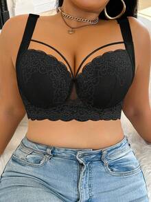 DesireSculpt 1pc Plus Size Lace Contrast Mesh Underwire Bra - Black - View 5