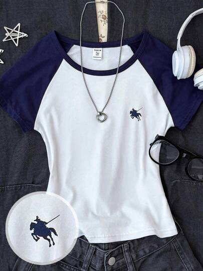 SHEIN 少女撞色插肩袖印花休闲T恤，蓝白配色，春夏款