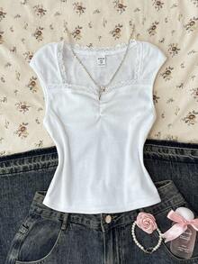 SHEIN 少女白色提花针织褶皱胸部甜美女孩校园休闲修身T恤 - 白色 - 查看 1