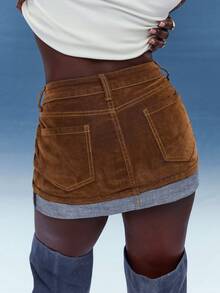 Normani Velvet Denim Cuffed Mini Denim Skirt Fall & Winter Fashion - Brown - View 2