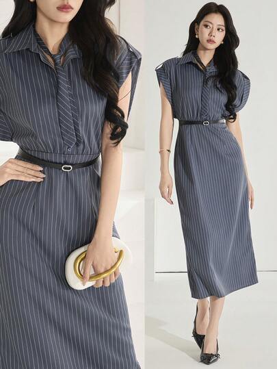 Heiryn 女士优雅条纹无袖中长连衣裙