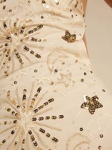 SHEIN BAE Đầm dài gợi cảm, thanh lịch, lãng mạn, quyến rũ, hở lưng, chất liệu lưới đính sequin dành cho nữ, thích hợp cho các buổi dạ tiệc, đám cưới, kỳ nghỉ, đi chơi đêm, hộp đêm, hẹn hò ăn tối, v.v. - Màu be - Xem 3