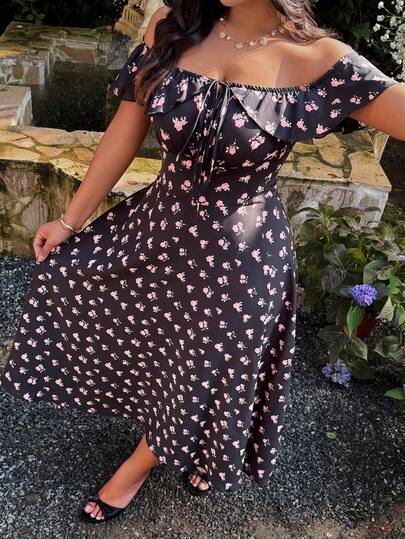 Sunnyshic Plus Size Women's Off-Shoulder Floral Print Twist Design Elegant Waist Cinched Party Dress