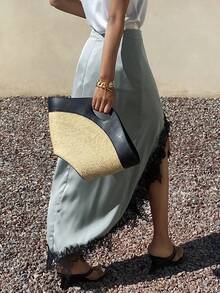 DAZY 撞色蕾丝不对称下摆直筒优雅度假半身裙，女士春夏款 - 綠色 - 查看 2