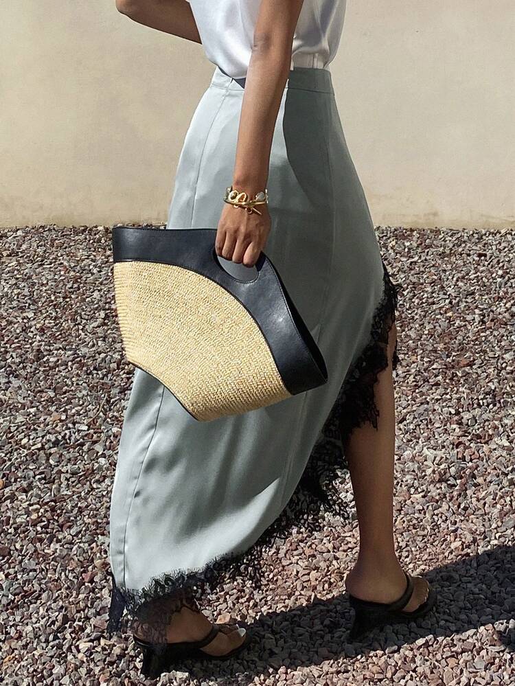 Contrast Lace Asymmetrical Hem Straight Elegant Vacation Skirt For Women, Spring/Summer