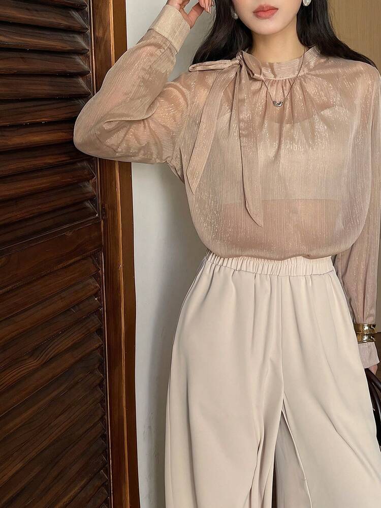 Women's Elegant Commuter Solid Color Shirt And Wide Leg Pants 2 Pieces Set Summer