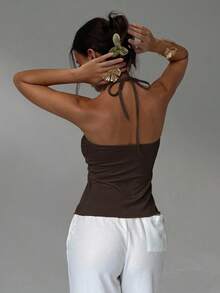 Aloruh 春夏新款性感波西米亚风音乐节派对度假棕色串珠镂空不对称下摆露背吊带背心 - 棕色 - 查看 6