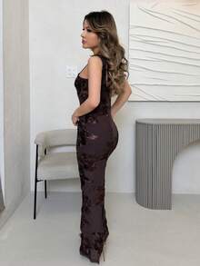 Jemour 女士性感棕色碎花重工刺绣露背系带派对礼服，简洁优雅方领露背无袖连衣裙，适合派对、聚会、约会、外出，女士婚礼宾客礼服，婚礼宾客礼服，婚礼宾客礼服，女士生日礼服，约会晚礼服，女士棕色露背连衣裙，棕色露背连衣裙，棕色连衣裙，棕色刺绣连衣裙，热门关键词棕色婚礼宾客礼服巧克力棕色长裙巧克力棕色 - 棕色 - 查看 2