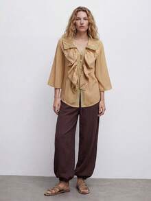 Maija Áo kiểu ren xếp ly dáng rộng cho nữ, thoải mái khi đi nghỉ mát, thanh lịch và mát mẻ, áo kiểu phương Tây mùa xuân hè, áo kiểu màu đất, áo kiểu công sở xếp ly - Màu be - Xem 3