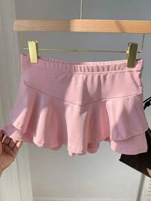 SHEIN EZwear 女士纯色弹力腰荷叶边阔腿短裤，浅粉色 - 藕粉色 - 查看 5