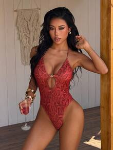 SHEIN Swim Vcay 女士蛇纹印花露背连体泳衣，适合海滩度假 - 彩色 - 查看 6