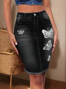 Jeanoix Chân váy bút chì denim nữ họa tiết bướm, có túi và tua rua. - màu đen - Xem 6