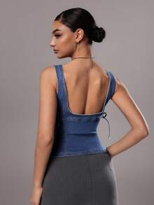 TRNVIE Women's Casual Knotted Design Versatile Date Outing Denim Top - Medium Wash - View 2