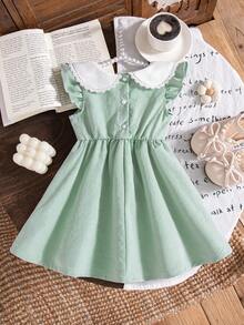 1件女婴夏季新款彼得潘领荷叶边喇叭袖蝴蝶结腰身松紧后襟A字前片刺绣绿色可爱田园风百搭公主裙 - 綠色 - 查看 2