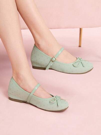 CUCCOO DOLLMOD Women's Elegant Ballet-Inspired Round Toe Hidden Wedge Bow Mary Jane Slip-On Shoes, Mint Green, Comfortable For Pairing With Sweet Dresses, Spring/Summer Valentine's Day