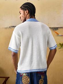 ROMWE MEN Men's Casual Floral Knit Cardigan, Summer - Blue - View 3