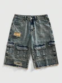 ROMWE MEN Men's Vintage Washed Multi-Pocket Distressed Cargo Shorts - Blue - View 6