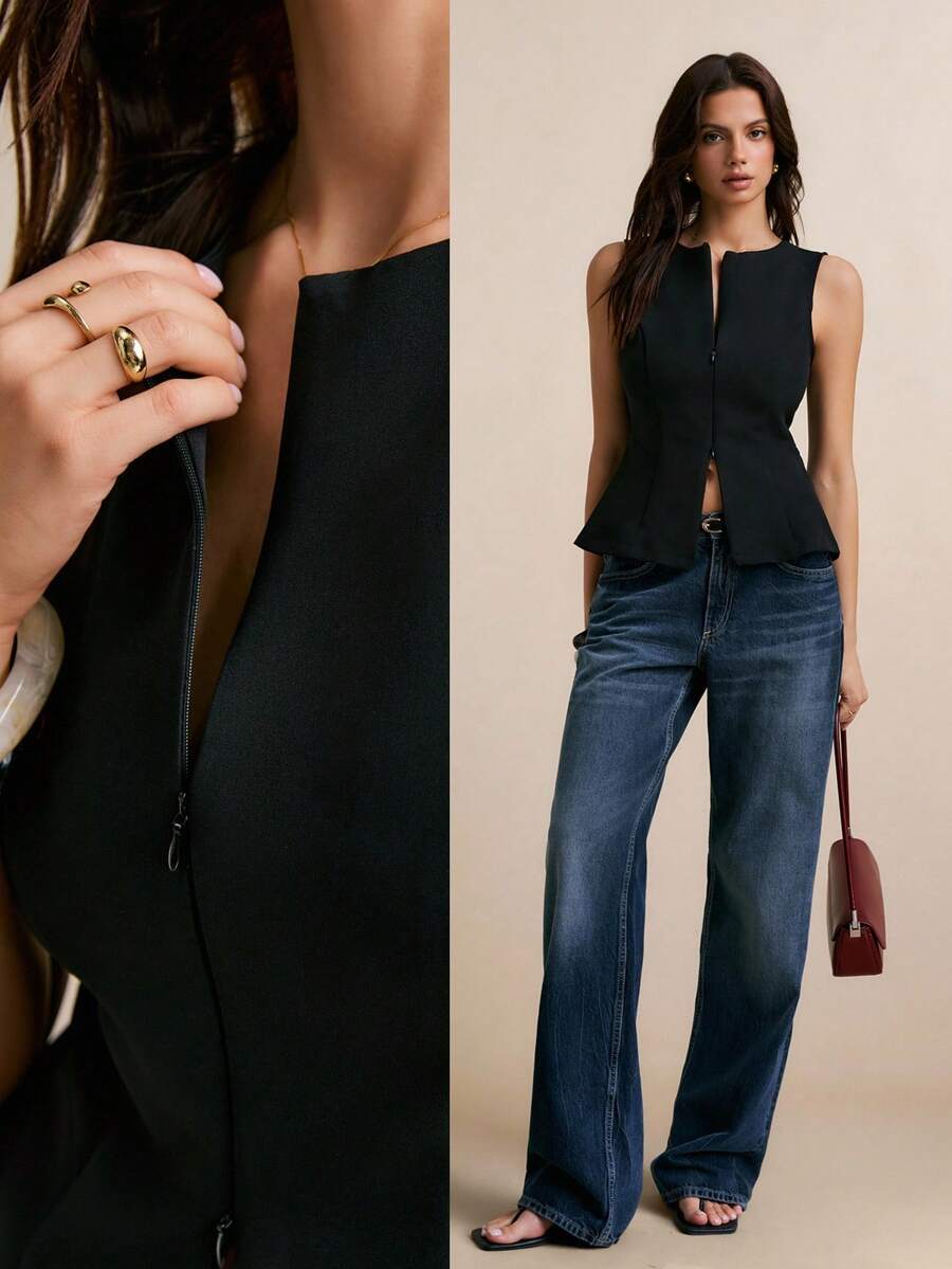 Poéselle 女士无袖荷叶边西装背心，前拉链设计，时尚黑色修身马甲，适合从工作日到夜晚的各种场合。无袖西装外套，荷叶边上衣，黑色马甲，修身马甲，低调奢华，简约职场装，挺括西装外套，经典纯色圆领拉链前襟荷叶边下摆，休闲百搭的办公室无袖西装外套。 - 黑色 - 查看 1