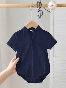 SHEIN Baby Boy/Girl Casual Daily Wear Mandarin Collar Snap-Up Romper, Suitable For Spring/Summer Indoor & Outdoor - Navy Blue - View 3