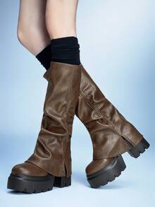 Sugerpunk 女士高跟凉鞋~ 2026 新款时尚秋冬朋克风深色 PU 高跟粗跟卡其色高筒裤靴及膝靴超高跟靴 - 卡其色 - 查看 12