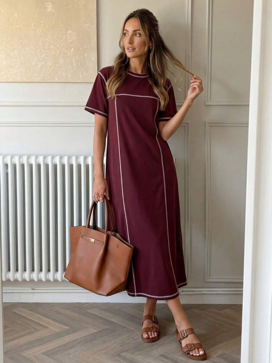 SHEIN LUNE Đầm casual phối màu, đầm hè cho nữ, đầm casual. - Màu Hoa hồng đỏ - Xem 1