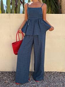 DAZY Bộ đồ 2 món thời trang đa năng gồm áo hai dây xẻ tà bất đối xứng và quần ống rộng cạp cao co giãn dành cho nữ. - Màu xanh hải quân - Xem 3