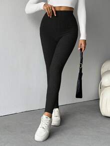 SHEIN Tall Women Ribbed High Waist Leggings Four Seasons - Black - View 4