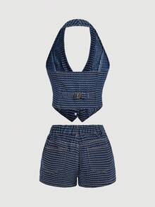 Sweetra 女士休闲牛仔套装 - 藍色 - 查看 2