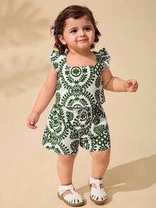 Travachic KIDS 女婴与妈妈亲子装，碎花方领荷叶边休闲背心和短裤两件套，适合度假、外出、旅行 - 綠色 - 查看 6