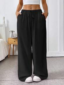 CovetEZ Woven Drawstring Waist Wide Leg Women Long Pants, Black Pants For Summer - Black - View 3