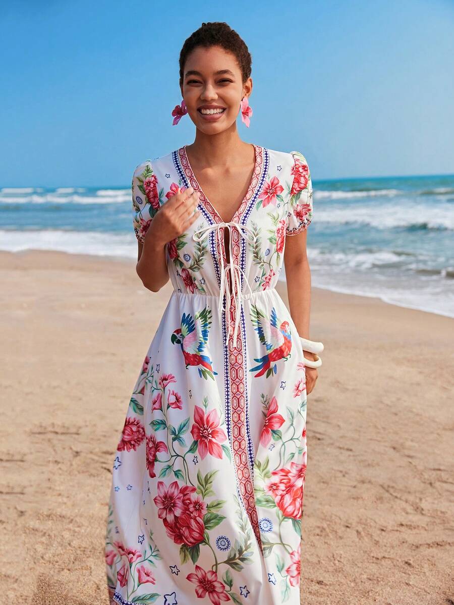 Travachic Tropical Print Tie Front Beach Dress - Multicolor - View 1