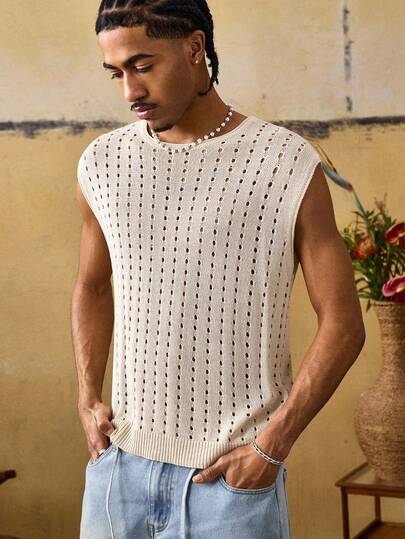ROMWE MEN Street Life Áo vest nam dệt kim cổ tròn màu trơn, kiểu dáng casual, khoét lỗ