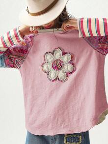 Bohemela Áo thun cổ tròn in họa tiết chắp vá BOHO thường ngày dành cho nữ, mùa thu - Hồng - Xem 4