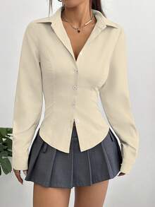 SHEIN Unity 女士纯色前开襟纽扣收腰长袖衬衫，通勤风格，秋季教师衬衫，商务休闲女式衬衫，办公室衬衫，校服女式衬衫，优雅高贵女式衬衫，正式着装工作衬衫，女士办公室工作服，女士办公室服装，女士套装，商务休闲女装，衬衫，办公室上衣 - 淡黃色 - 查看 6