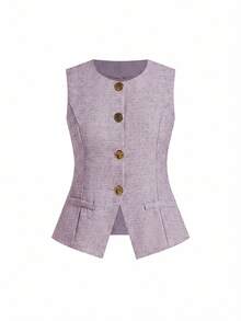 Ellevyn Plus Size Women Elegant Work Vest & Pants 2 Pieces Set, Summer Outfits - Dusty Purple - View 7