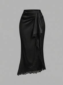 SHEIN MOD Asymmetric Hem Lace Patchwork Elegant Romantic Women Skirt.Woman Black Satin Lace Wrap Skirt High Waist Elegant Chic Sophisticated Feminine Fashion Retro Streetwear Urban Night Out Autumn Winter Spring Summer Party Festival Stylish Romantic Modern Timeless. Gothic Skirt Black Skirt Cover Up Wrap Around Skirt Tie Skirt - Black - View 2
