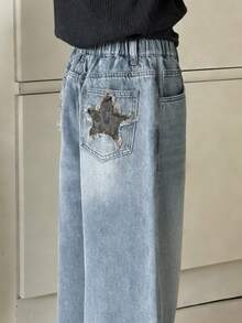 DAZY Tween Girls' Casual Fashionable Street Style Leopard Print & Star Patchwork Frayed Hem Loose Wide Leg Jeans, Suitable For Daily Commute - Blue - View 3