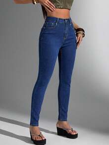 SHEIN Unity Women's Casual Commuting Minimalist Skinny Jeans - Blue - View 5