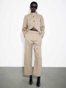 Lumivelle 2pcs/Set Women's Spring/Autumn Stand Collar Drop Shoulder Belted Top And Matching Wide Leg Pants, Fashionable Business Casual Outfit - Khaki - View 6