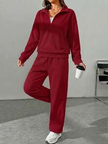SHEIN Cottnline Women's Solid Color Sweatshirt And Sweatpants 2 Piece Set - Burgundy - View 3