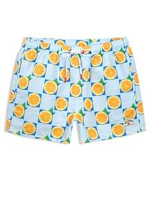 Manfinity Swimmode 男士夏季度假格子橙色印花抽绳腰宽松沙滩短裤 - 淺藍色 - 查看 6