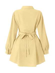 DreamSkyne Plus Size Elegant Waist Ruched Shirt Dress - Yellow - View 2