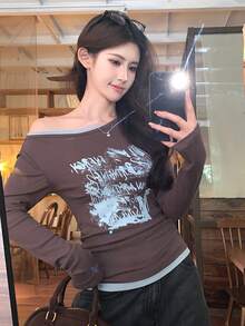 DAZY Women's Colorblock English Letter Print Asymmetric Shoulder Long Sleeve T-Shirt, Spring/Summer - Brown - View 8