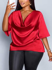 SHEIN CURVE+ Áo kiểu nữ cỡ lớn thời trang màu trơn thanh lịch cổ đổ tay cánh dơi, kiểu dáng sang trọng và tinh tế cho mùa hè, màu đỏ, áo ngắn tay dáng rộng với đường viền cổ xếp ly, thích hợp cho ngày Valentine. - Đỏ - Xem 5