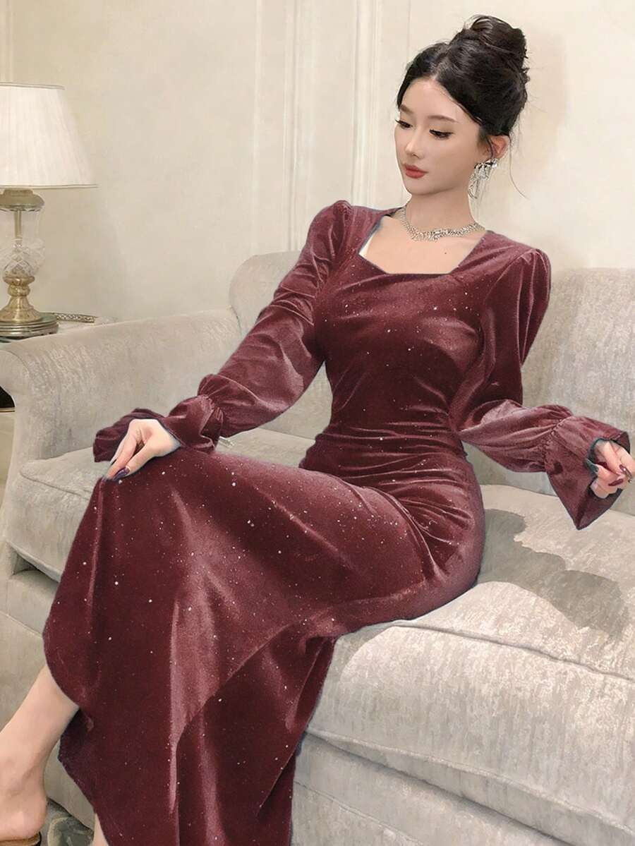 DAZY Đầm midi dài tay đính sequin cho nữ - Hồng - Xem 1