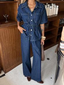 DAZY Women's Casual Washed Waist Belt Pocket Shirt And Wide Leg Jeans Set, Spring/Summer - Dark Wash - View 3