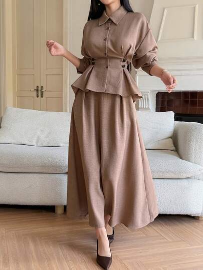 DAZY 2pcs Women Casual Loose Collared Waist Shirt And Midi Skirt Set