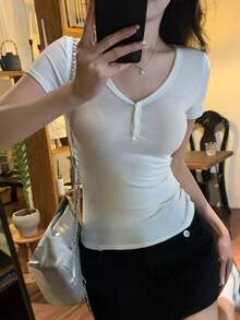 DAZY Women's Solid Color Button V-Neck Short Sleeve Casual T-Shirt Summer - Beige - View 5