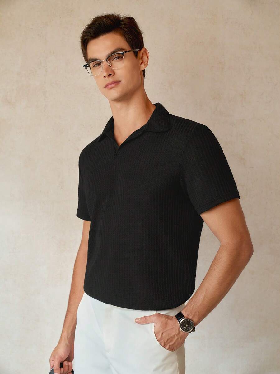 RONVEXI Men Solid Waffle Knit Polo Shirt - Black - View 1